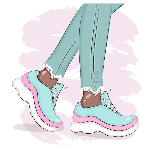 Gambe femminili in scarpe da ginnastica e jeans schizzo illustrazione moda vestiti e scarpe stampa tessile imballaggio cartolina illustrazione vettoriale