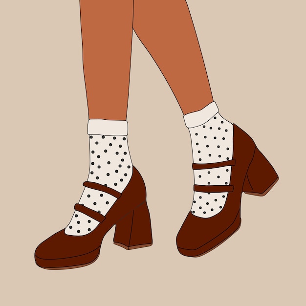 Female legs in stylish shoes with heels and lace socks. Fashion and style, clothing and accessories.