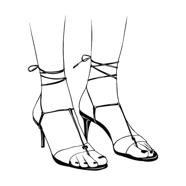 Vector female legs with lace up high heels shoes hand drawn sketch vector illustration line art