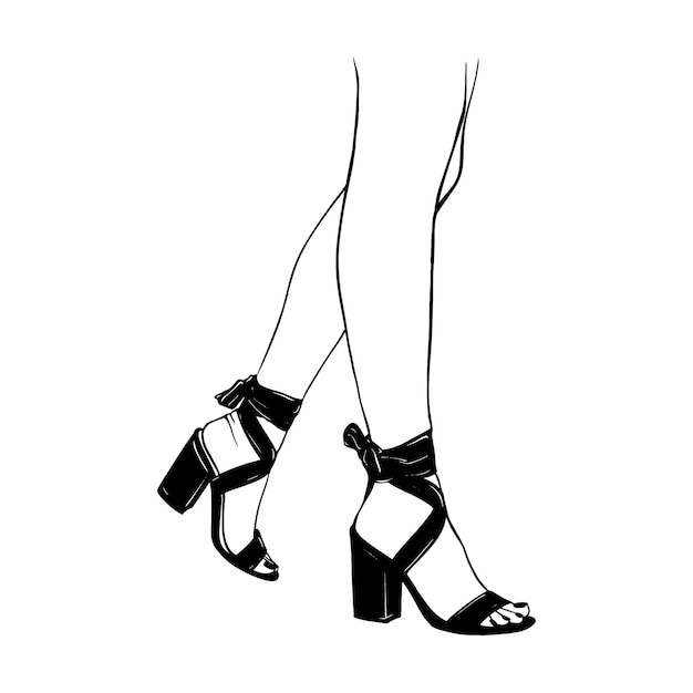 Female legs with lace up high heels shoes Hand drawn sketch vector illustration line art