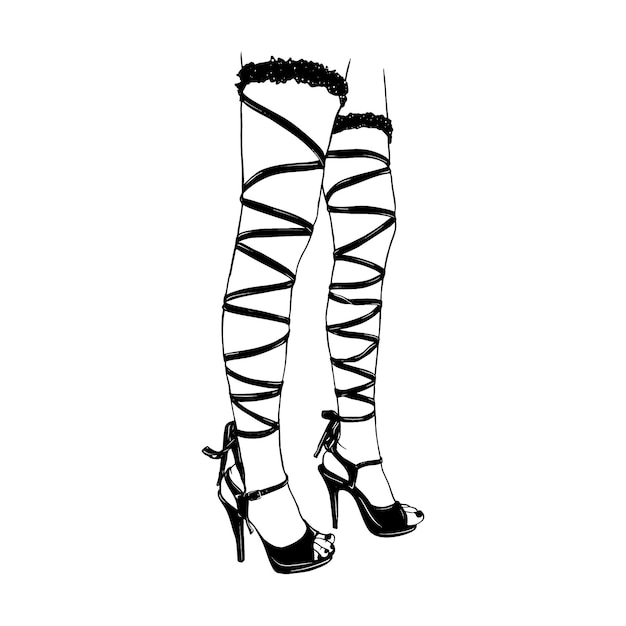 Vector female legs with lace up high heels shoes hand drawn sketch vector illustration line art