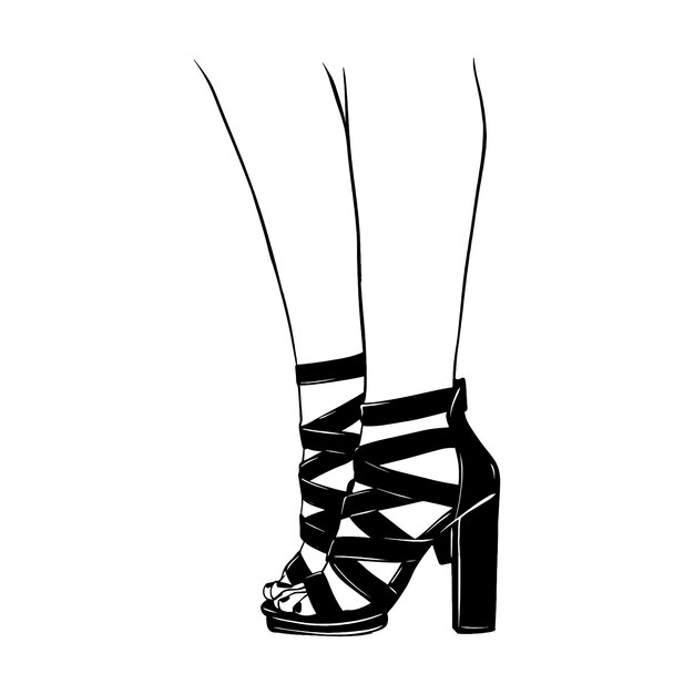 Gambe femminili con pizzo su tacchi alti scarpe disegnato a mano schizzo vettoriale illustrazione line art