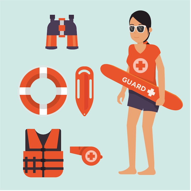 Vector 女性のライフガードは、ビーチで状況を見て立って