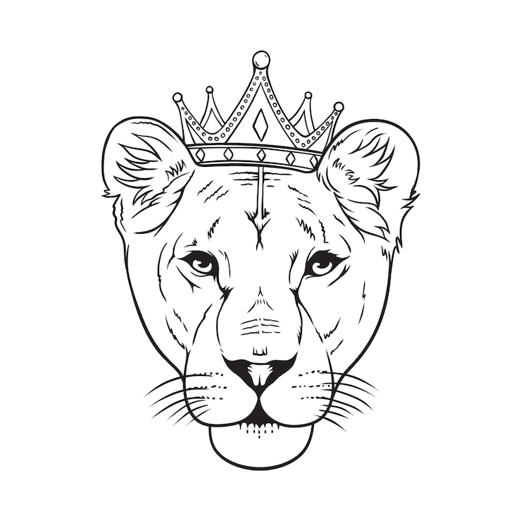 Vector female lion wearing royal crown vector line art illustration