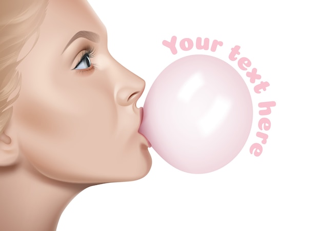 Vector female lips holding shiny pink bubble from chewing gum on white background with space for text