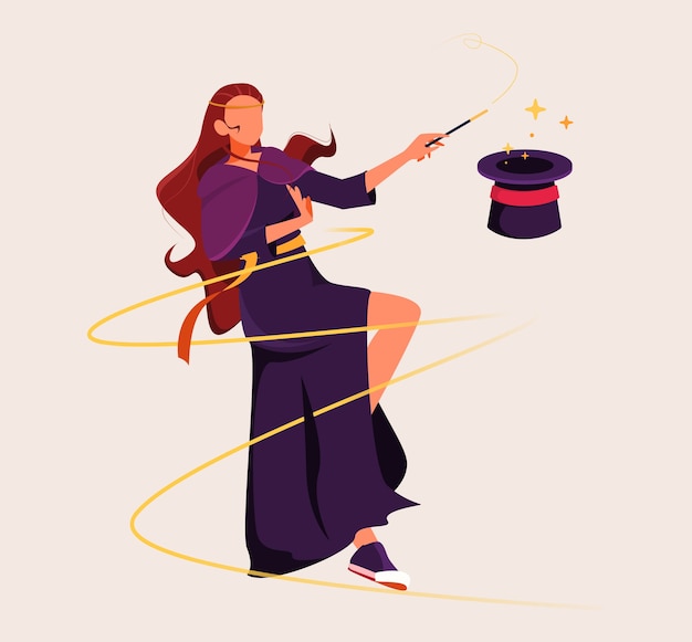 Female magician playing with hat illustration