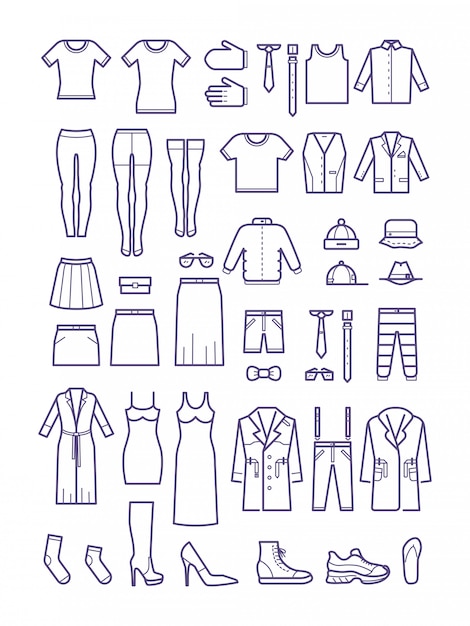 Vector female and male casual clothes, garment outline icons