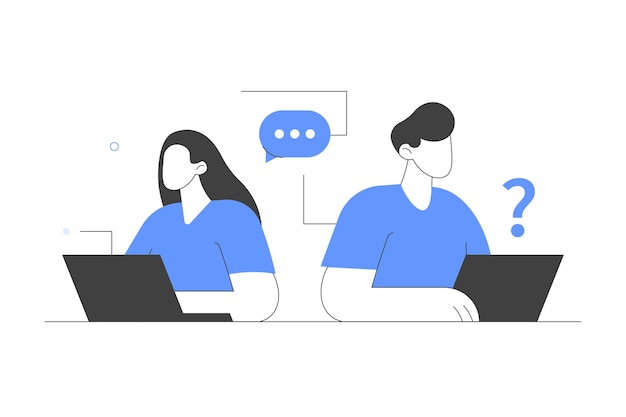 女性と男性の顧客サービスオペレーターがクライアントと話し,問題を解決するのを助けます FAQ