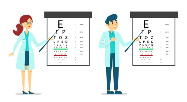 Vector female and male doctor oculist standing at the eyesight check table.