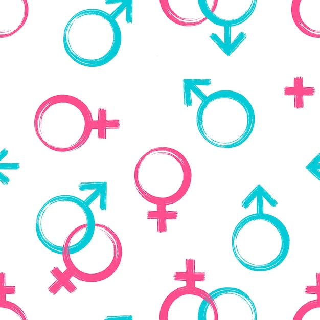 Female and Male gender symbols. Blue and pink ink brush and paint texture. Vector illustration