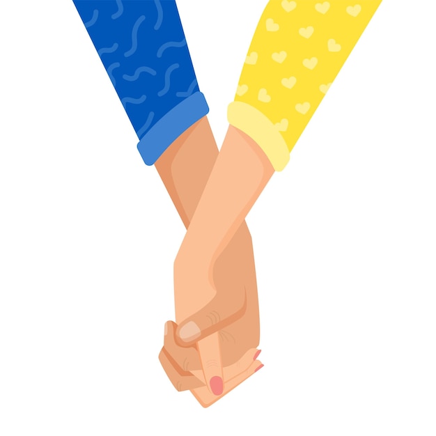 Female and male hand hold hands Vector illustration of hands in support of Ukraine