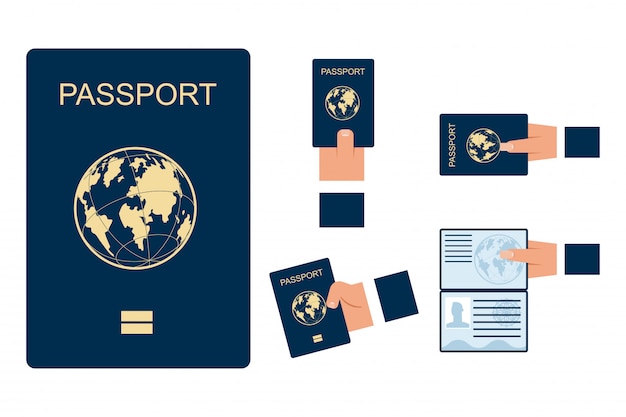 Female and male hands hold open and closed passports vector set isolated on white background.