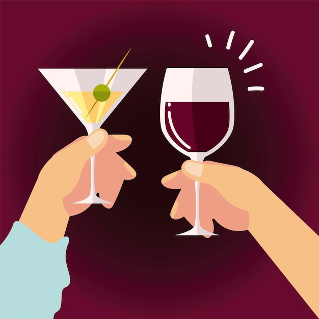 Female and male hands with wine champagne alcohol, cheers  illustration