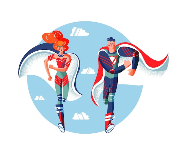 Vector female and male superheroes in costumes running super characters with capes comic book woman and man on blue sky background brave girl and boy hurrying to save people