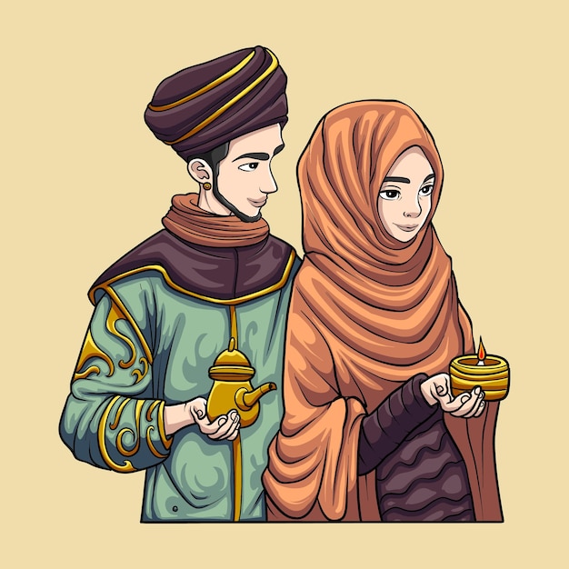 Vector female and male with muslim outfit