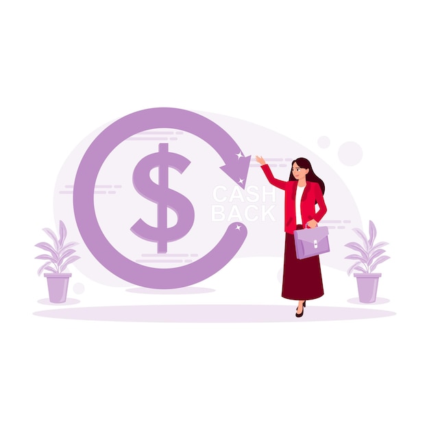 Female manager carrying a briefcase Touch the money back symbol Cash Back concept