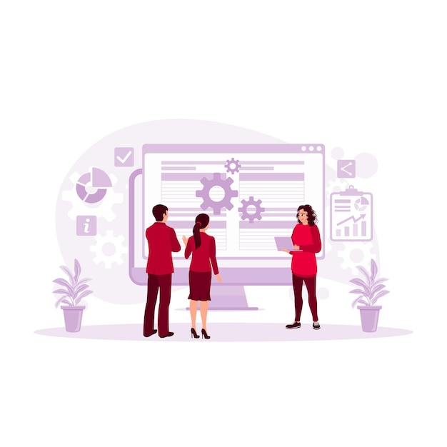 Female manager having a meeting with the work team Analyzing work results via a computer screen Presentation concept trend modern vector flat illustration