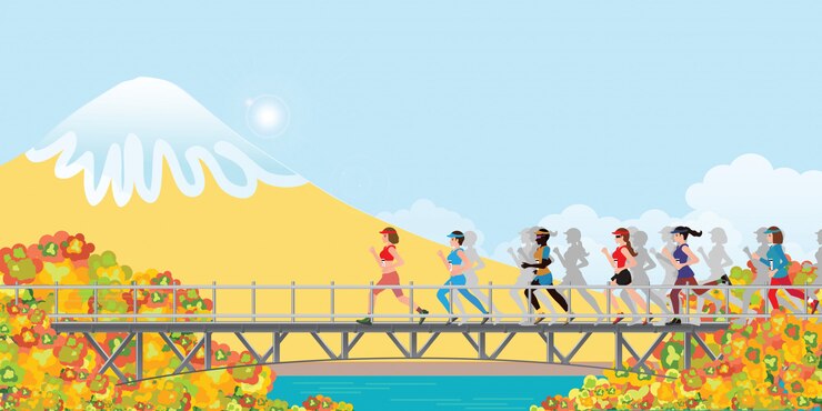 Vector 秋の橋の上を実行している女性のマラソンランナー。