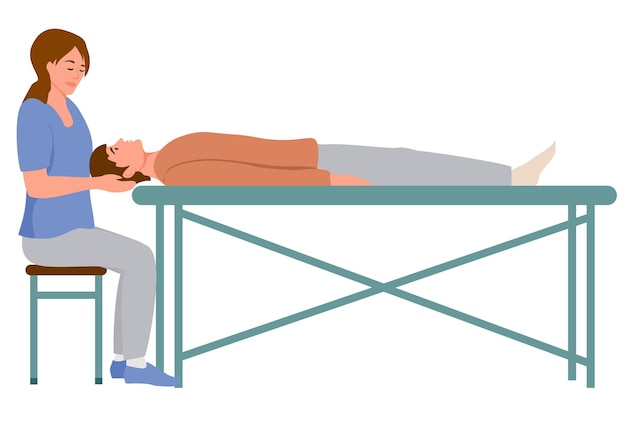 Massaggiatore o osteopata femminile che massaggia l'area del collo sull'illustrazione piatta del vettore del cliente. donna medico o fisioterapista che fa massaggio a sdraiato sul divano uomo isolato. trattamento medico alternativo