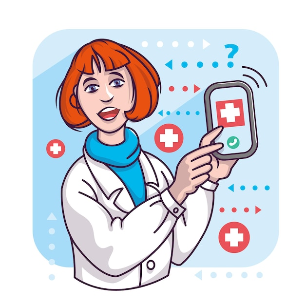 스마트폰을 들고 의료용 코트를 입은 여성은 환자에게 온라인 의료 지원을 제공합니다.
