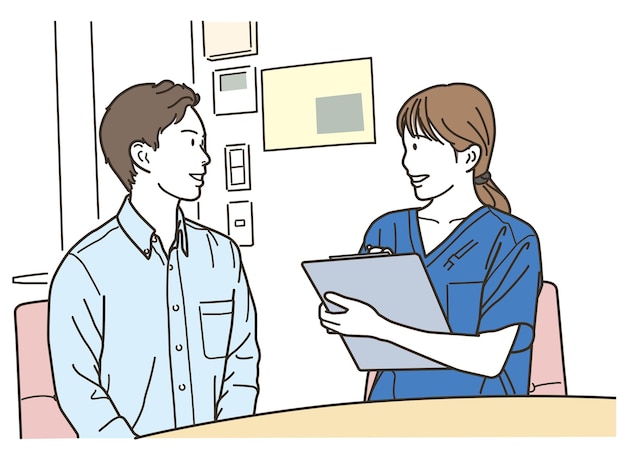 female medical worker and male patient having a conversation