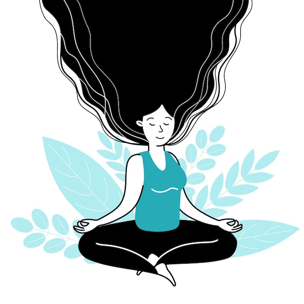 Female meditating Meditation balance girl meditate in happy emotions Harmony lifestyle mental mind wellbeing Yoga decent vector character