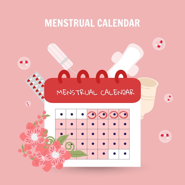 ベクトルに親密なスタッフと花を持つ女性の月経カレンダー