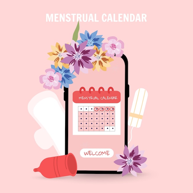 Female menstruation calendar phone concept and flowers in vector