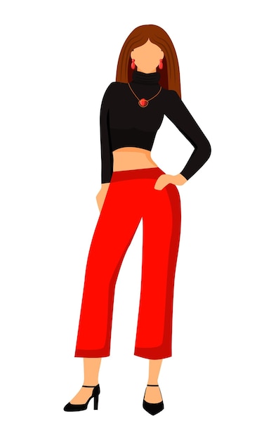 Vector female model in red crop top and red pants semi flat color vector character