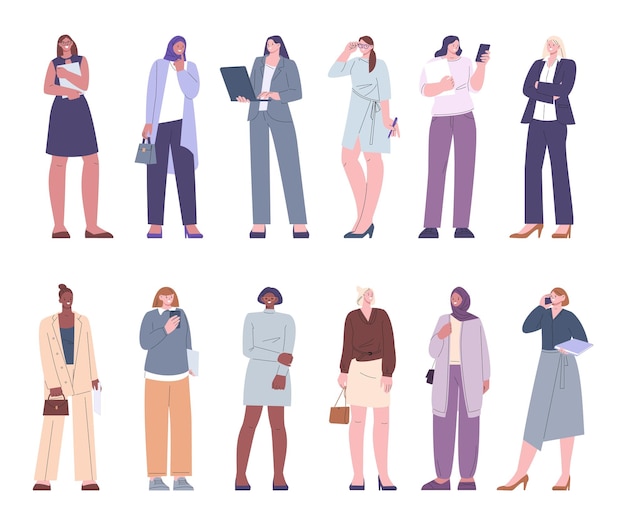 Female modern business characters wear suits and casual dress Flat cartoon businesswomen managers and administrative staff Office kicky vector team of businesswoman employee character illustration