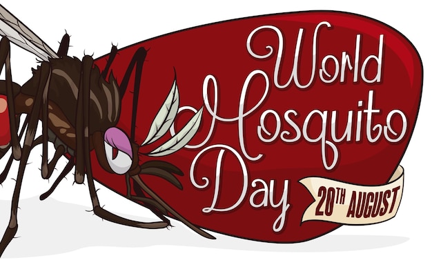 Vector female mosquito staring at you over a red sign and ribbon with date for world mosquito day