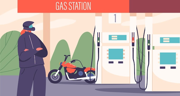 Female Motorcyclist Character Refuels Her Bike At A Gas Station with Determined Efficiency Her Leatherclad Presence Exuding Confidence And Independence Cartoon People Vector Illustration