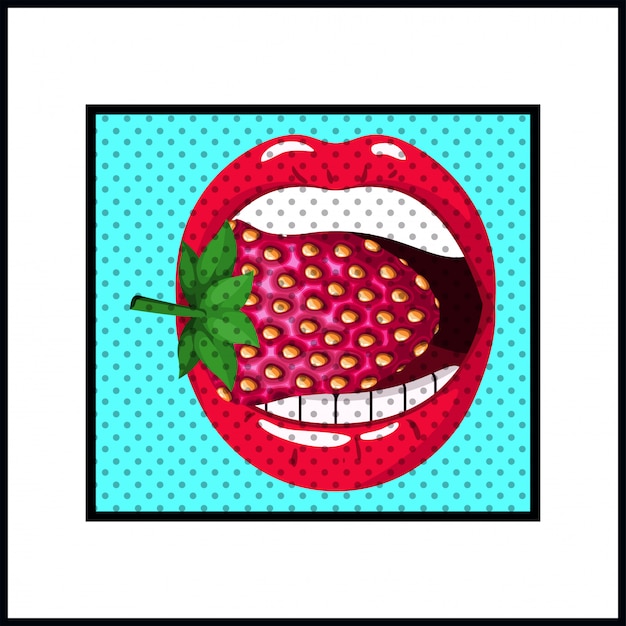 Female mouth bite strawberry pop art style