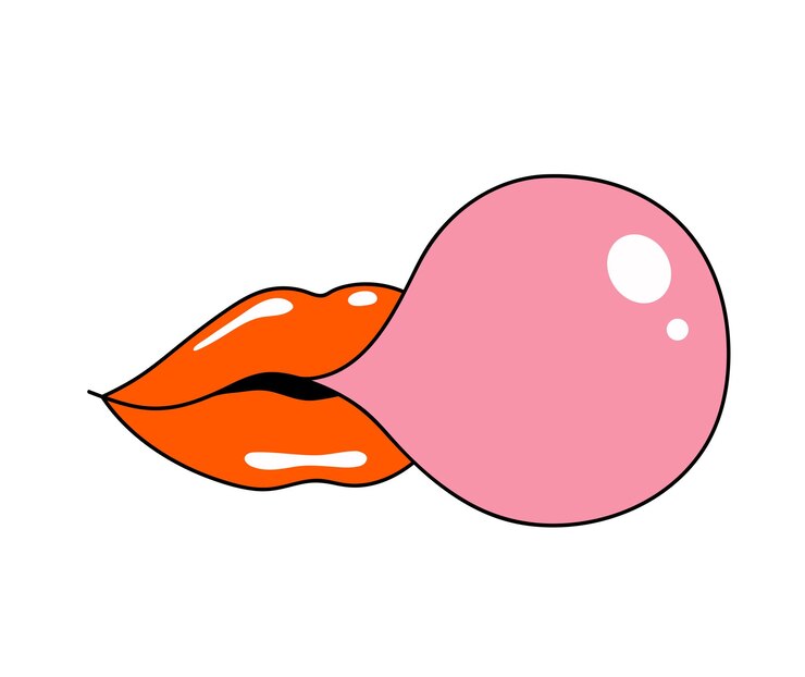 Female mouth blowing a bubble of pink chewing gum Woman red lips chews bubble gum Retro style