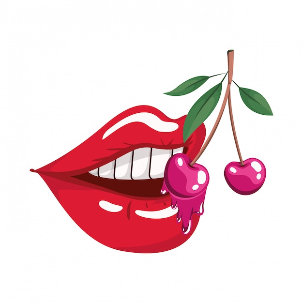 Vector female mouth dripping with cherry fruit