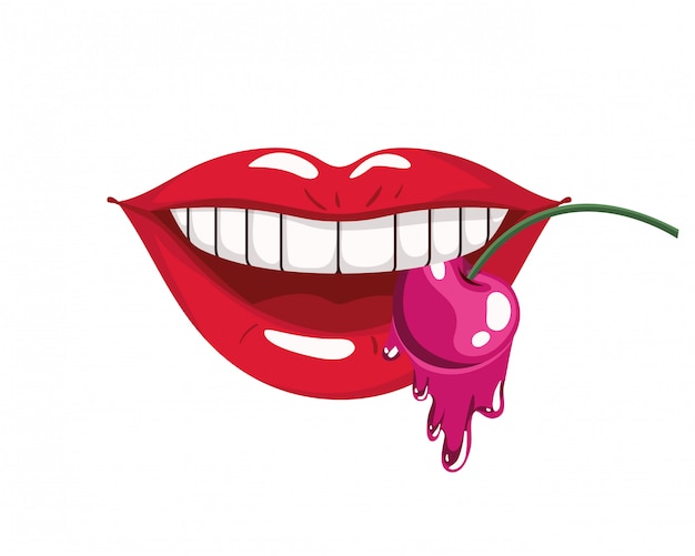 Female mouth dripping with cherry fruit