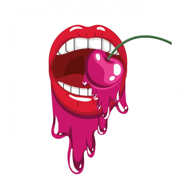 Vector female mouth dripping with cherry fruit