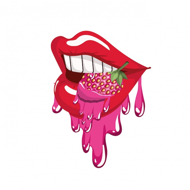 Female mouth dripping with strawberry fruit