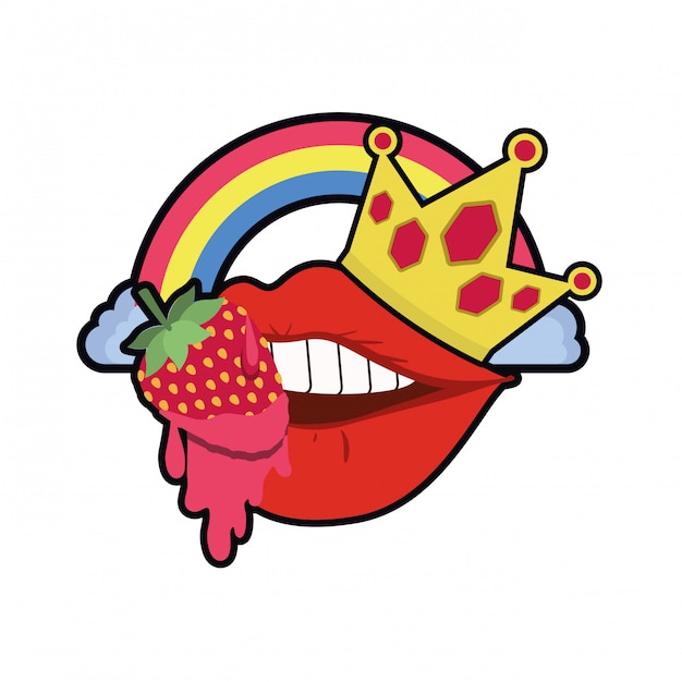 Female mouth dripping with strawberry fruit