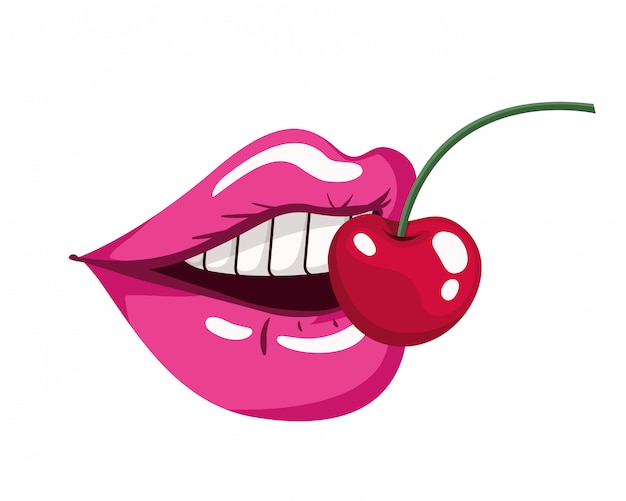 Vector female mouth with cherry isolated icon
