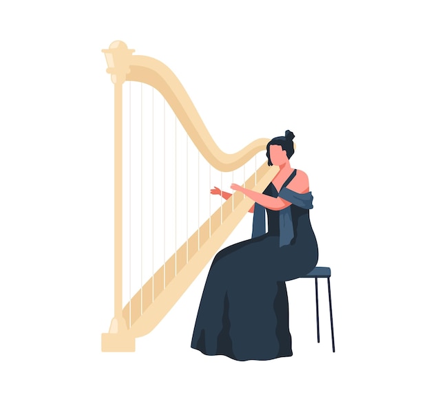 Female musician in dress playing harp, sitting on chair. Harpist performing classic melody on music string instrument. Performance talented instrumentalist. Flat vector illustration isolated on white.