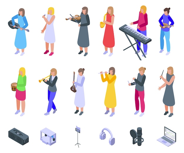 Female musician icons set isometric vector Woman music
