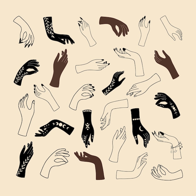 Vettore mani mistiche femminili in un'illustrazione vettoriale in stile lineare minimalista con gesti delle mani