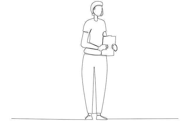 A female nurse bringing a medical report while standing in the hospital one line art