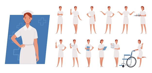 Set di caratteri di infermiera femminile. infermiera in uniforme bianca. pose ed emozioni diverse.