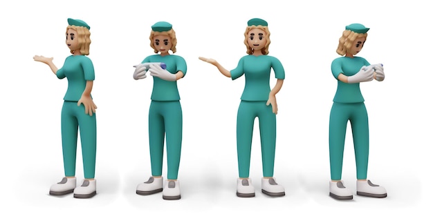 Vector female nurse points with her hand to side demonstrates something