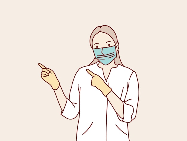 Female nurse in a rubber gloves and masker points to the side with his hands simple korean style illustration