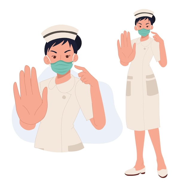 Female nurse said No Entry without protective face mask Flat vector cartoon illustration