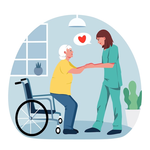 Female nurse in teal robe helping old woman to stand up from wheelchair Hospital indoor interior Concept of healthcare provision of medical care Vector illustration