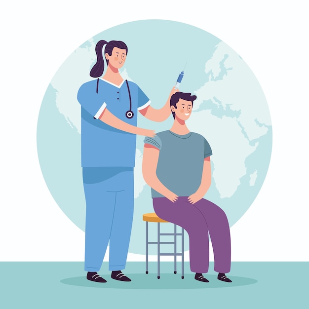 Vector female nurse vaccinating male patient characters  illustration